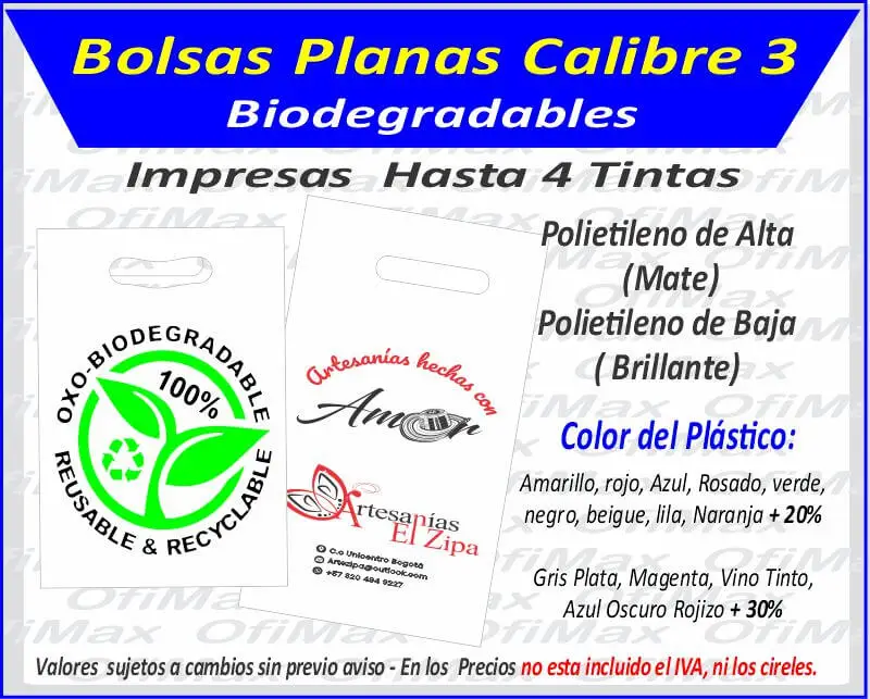 bolsas plasticas planas  biodegradables calibre 3